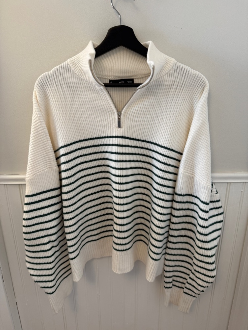 Mango Cream/Green Quarter-Zip Striped Sweater